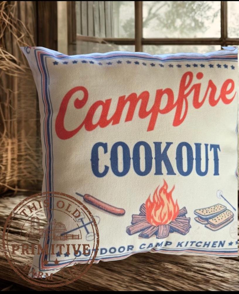 Campfire Cookout Pillow | Rustic Outdoor Camp Kitchen Decor