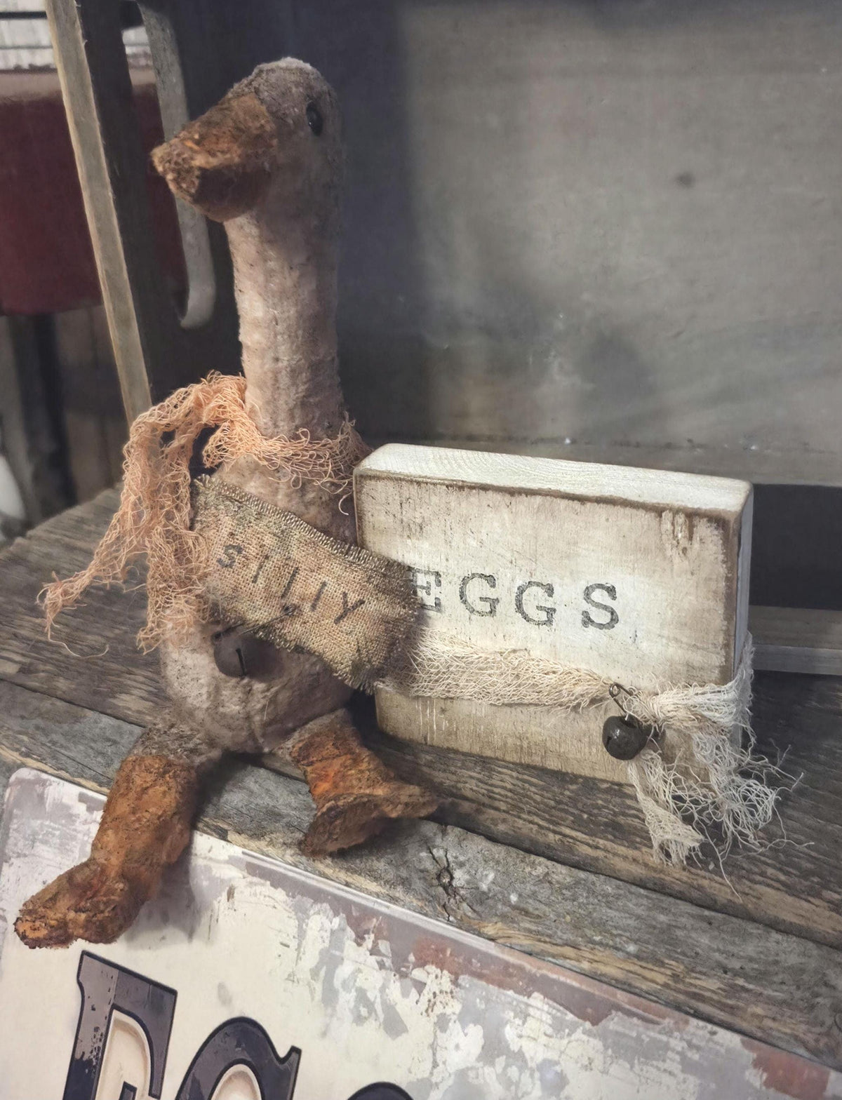 Primitive Farmhouse Goose Shelf Sitter | Rustic Spring Easter Decor, Hand-Stamped EGGS Wood Block