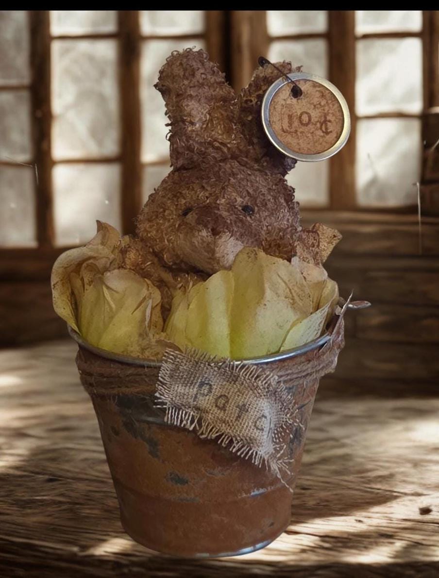 Primitive Cinnamon Grunged Bunny Pail – Mercantile Spring Shelf Accent – Farmhouse Easter Decor