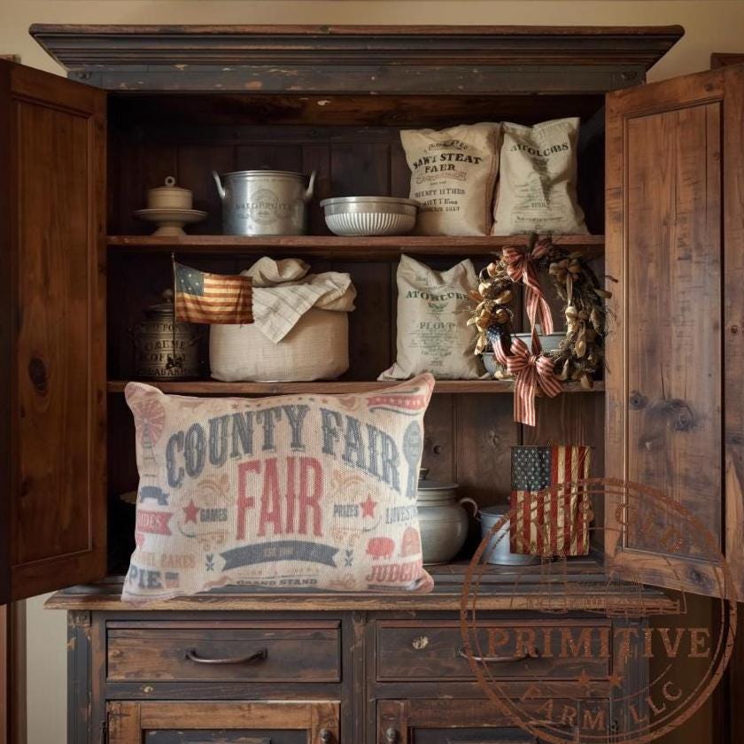 Primitive Farmhouse County Fair Pillow, Rustic Folk Art Accent, Vintage Decor