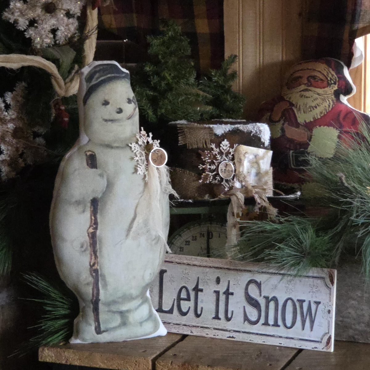 Primitive Farmhouse Snowman Pillow | Rustic Christmas Shelf Sitter Prop