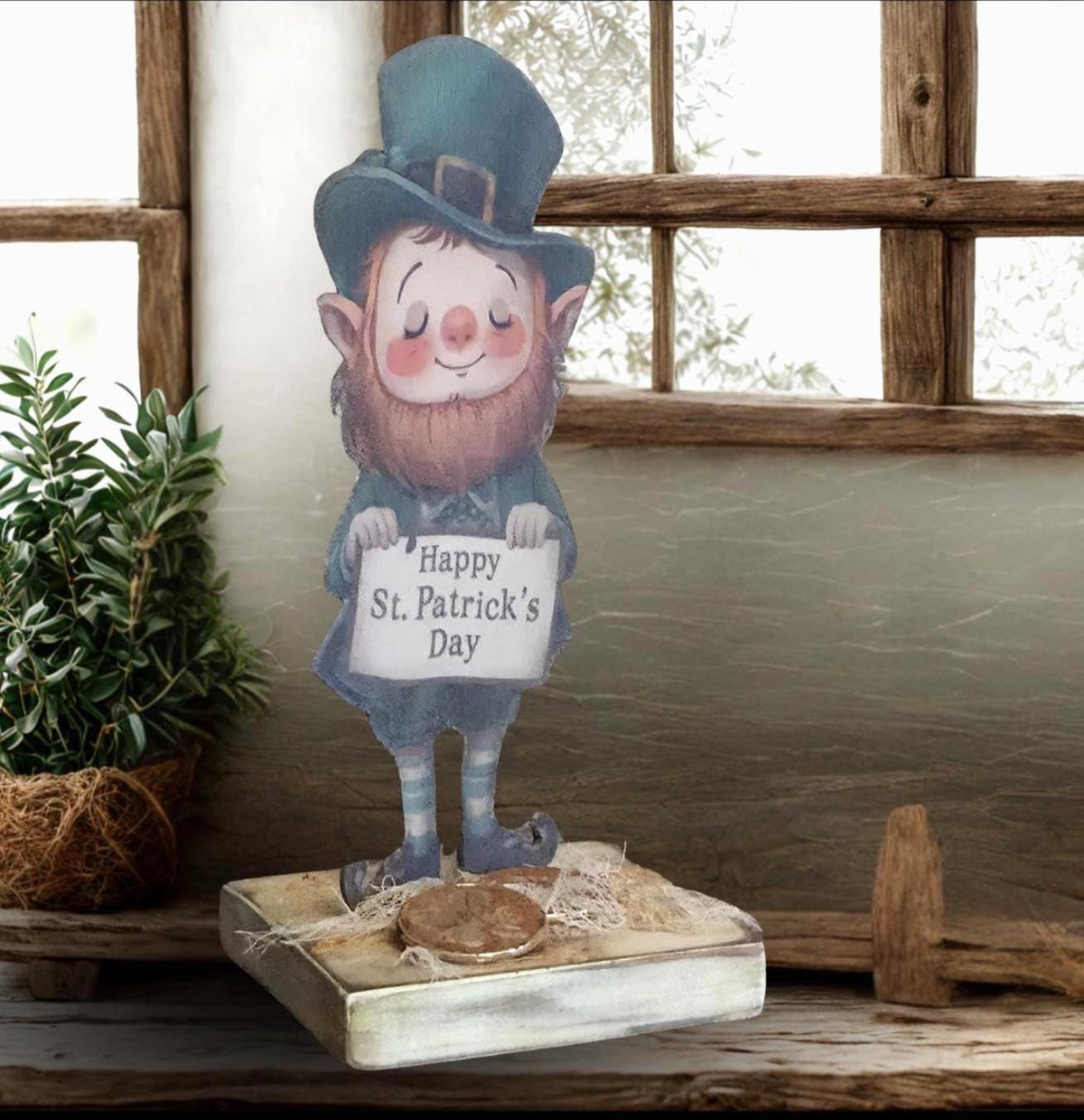 Limited Edition Primitive St. Patrick’s Leprechaun Shelf Decor – Handmade Folk Art Accent