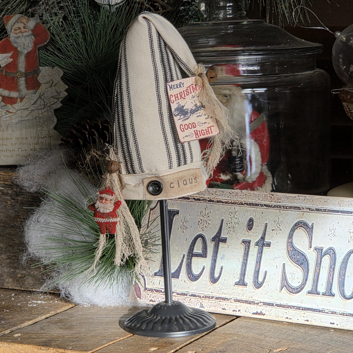 Handmade Farmhouse Santa Hat – Black Cream Duck Cloth, Primitive Christmas Décor
