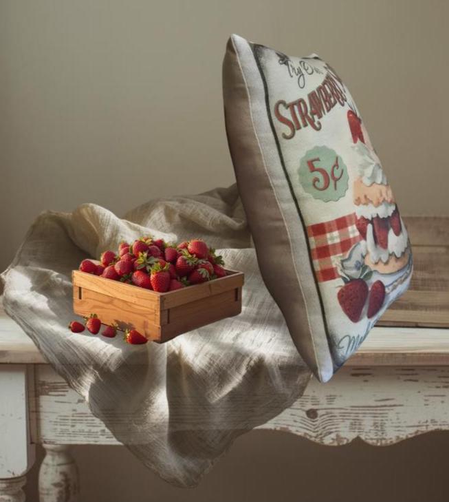 Primitive Strawberry Shortcake Pillow | Vintage Farmhouse Kitchen Accent, Nostalgic Food Art
