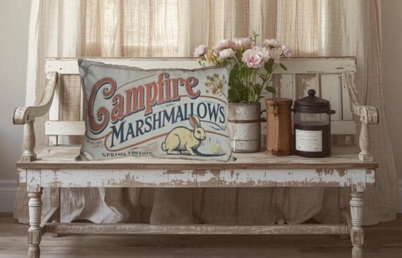Primitive Campfire Marshmallows Pillow – Rustic Cabin Decor, Spring Edition (12x17)
