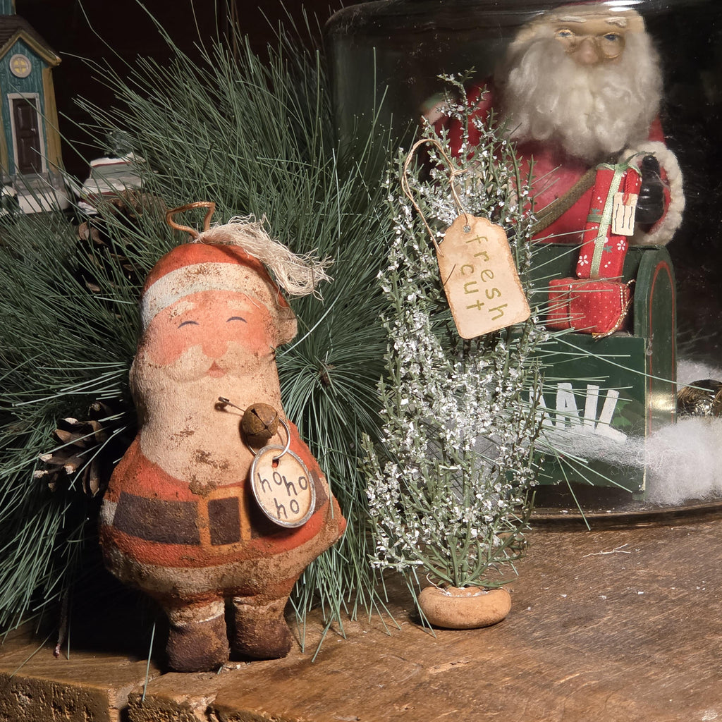 Primitive Cinnamon Grunged Santa Ornament, Sleigh Rides Hangtag and faux pine sprig