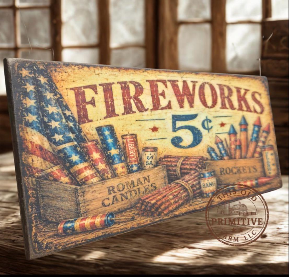 Primitive Fireworks 5 Cents Sign – Rustic Farmhouse Americana Decor – Folk Art Patriotic Sign