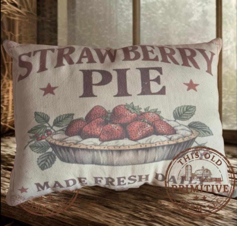 Strawberry Pie Pillow | Primitive Farmhouse Decor | Vintage Bakery Sign (12x9)
