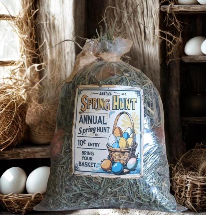 Primitive Easter Meadow Grass Sack – Annual Spring Hunt Basket Filler with Grunged Eggs