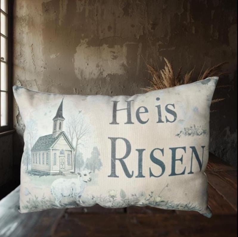 Primitive He Is Risen Throw Pillow – Rustic Easter Church Decor – Farmhouse Spring Accent – 12x17