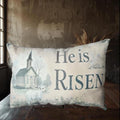 Primitive He Is Risen Throw Pillow – Rustic Easter Church Decor – Farmhouse Spring Accent – 12x17