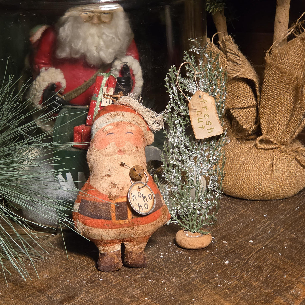 Primitive Cinnamon Grunged Santa Ornament, Sleigh Rides Hangtag and faux pine sprig