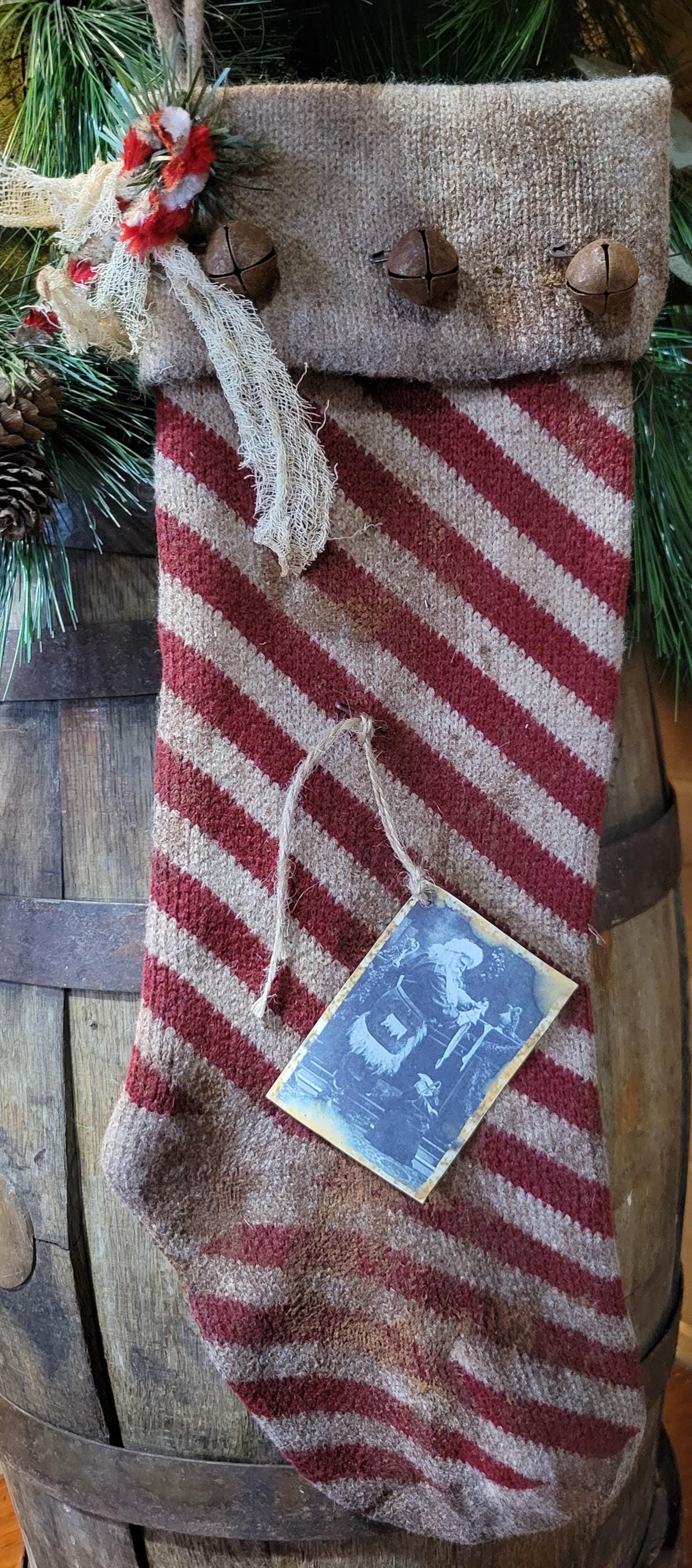 Primitive Knit Christmas Stocking: Grunged, Rusty Bells, Cinnamon Scented, Santa Claus Tag