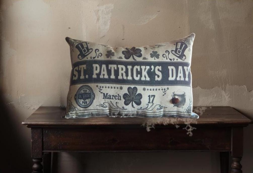 Primitive St. Patrick’s Throw Pillow – Limited Edition Rustic Spring Decor – Irish Farmhouse Accent