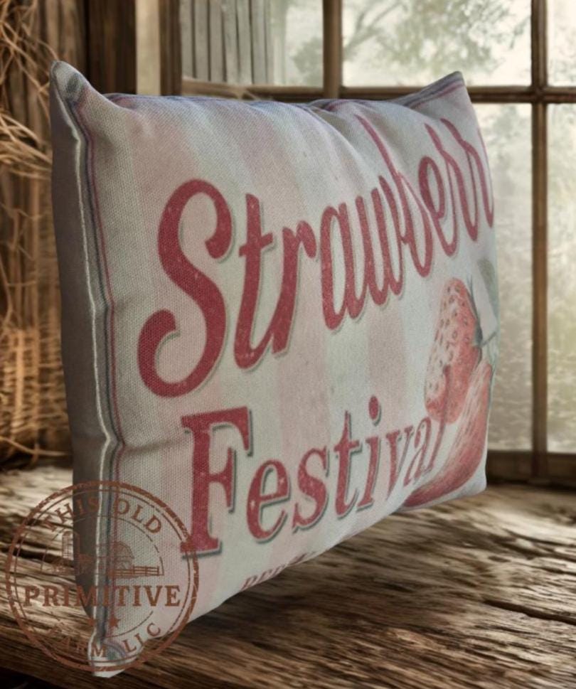 Strawberry Festival Pillow | Primitive Farmhouse Berry Crate Decor (12x9)