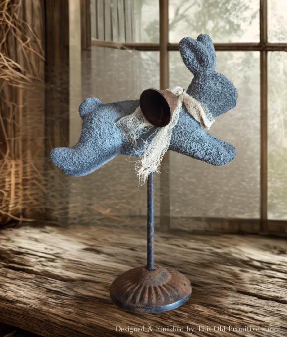 Primitive Farmhouse Bunny Decor – Faux Plaster Stone Finish – Rustic Spring Easter Rabbit – Vintage Inspired Shelf Accent