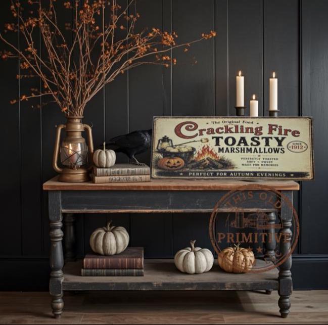 Crackling Fire Toasty Marshmallows Halloween Sign | Primitive Folk Art Wood Decor