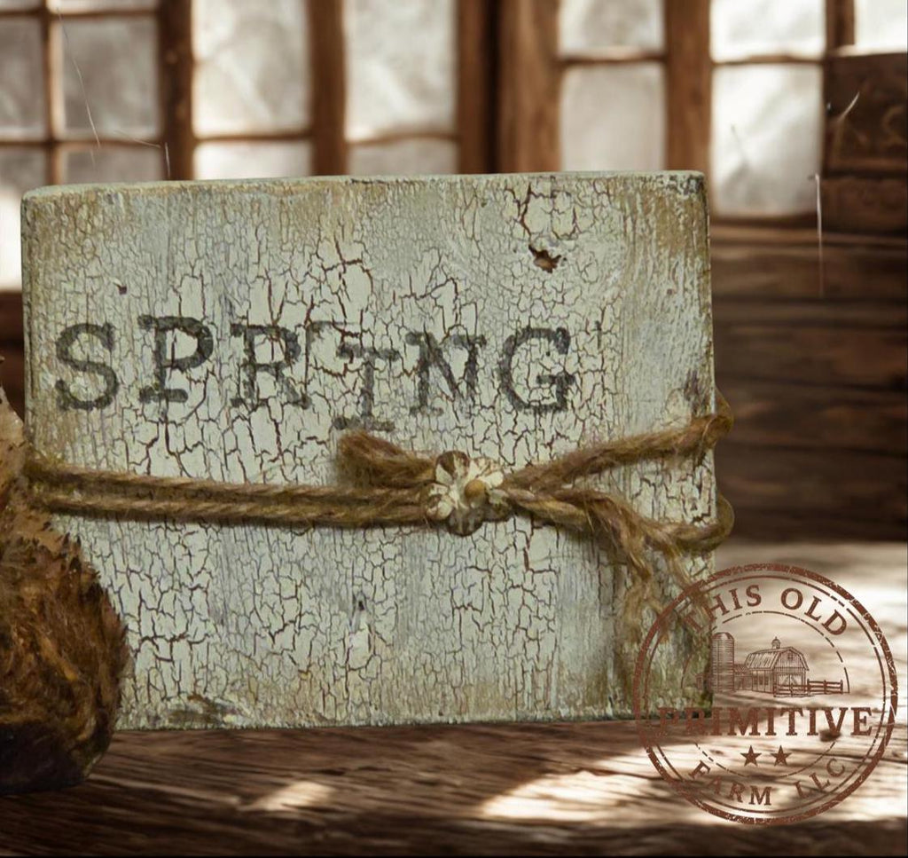 Primitive Grunged Bunny Shelf Sitter – Handmade Spring Bunny Decor – Rustic Farmhouse Easter Bunny with Wood Block Sign