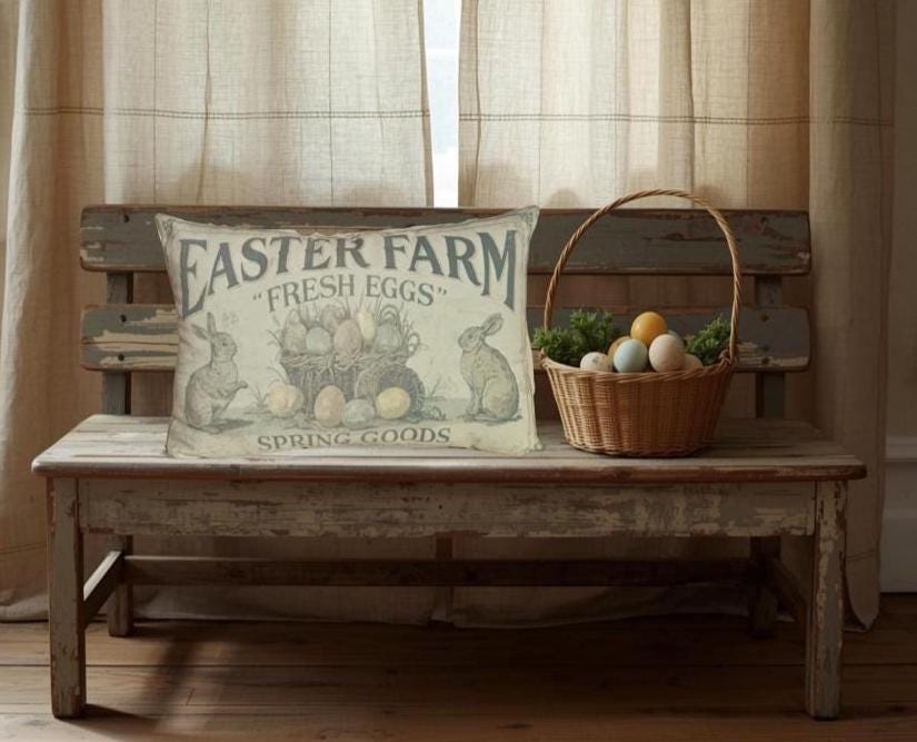Primitive Easter Farm Fresh eggs Pillow – Farmhouse Spring Decor – Vintage Bunny Market Accent 12x17