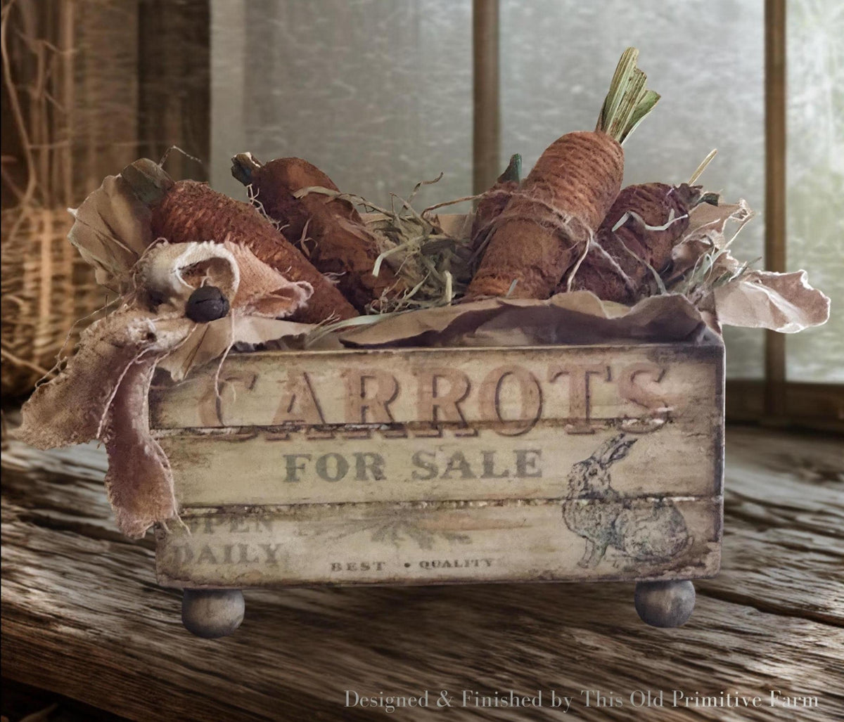 Primitive Carrot Crate Display – Rustic Farmhouse Spring Decor, Cinnamon Carrots