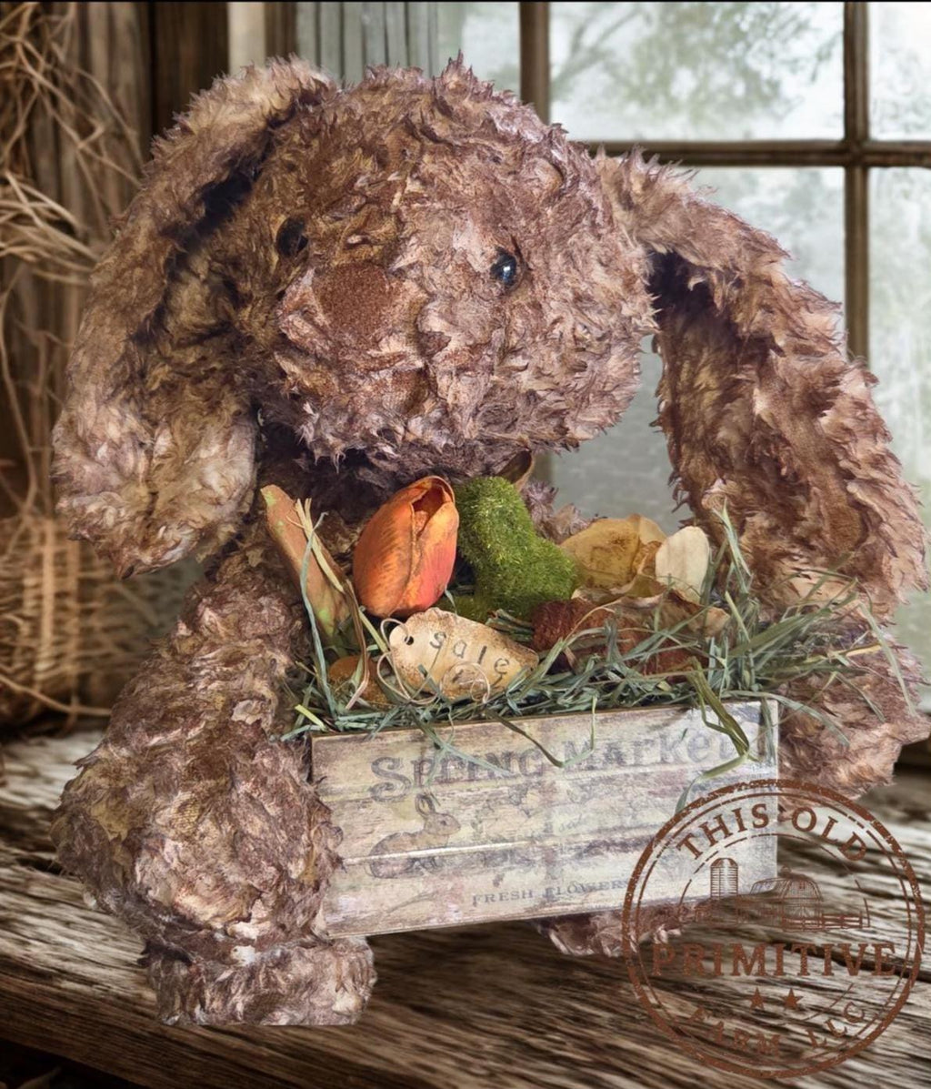 Limited Edition Primitive Folk Art Bunny Figurine | Hand-Aged Farmhouse Spring Decor Crate