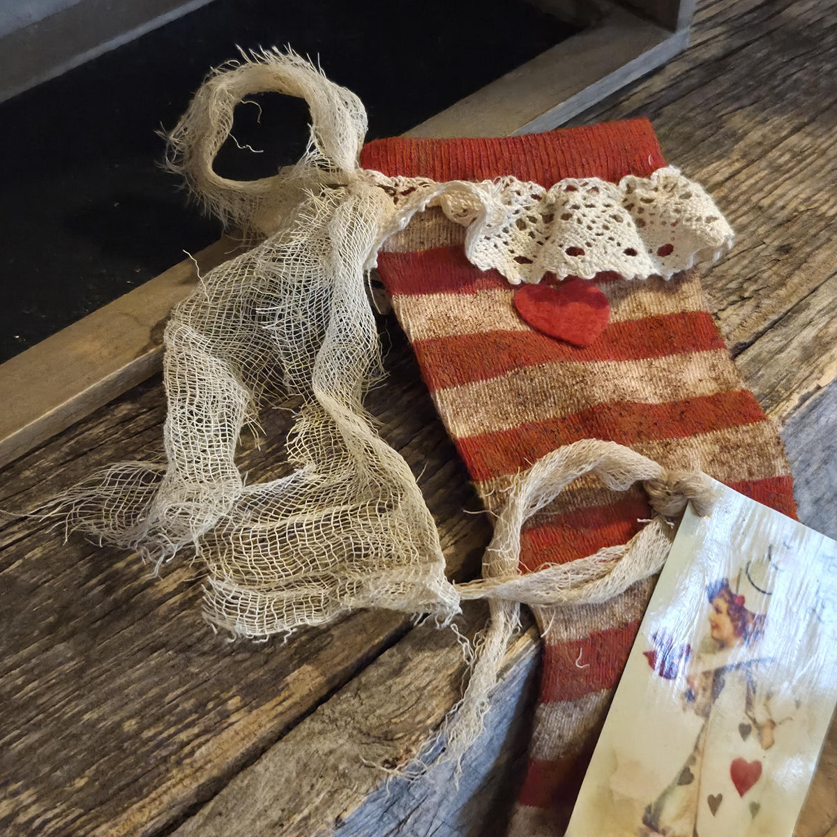 Primitive Valentine Stocking | Cinnamon Grunged Red Stripe Sock | One of a Kind Rustic Valentine Decor