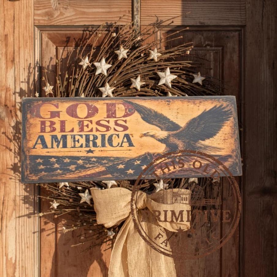 Primitive God Bless America Eagle Flag Sign – Rustic Americana Farmhouse Decor