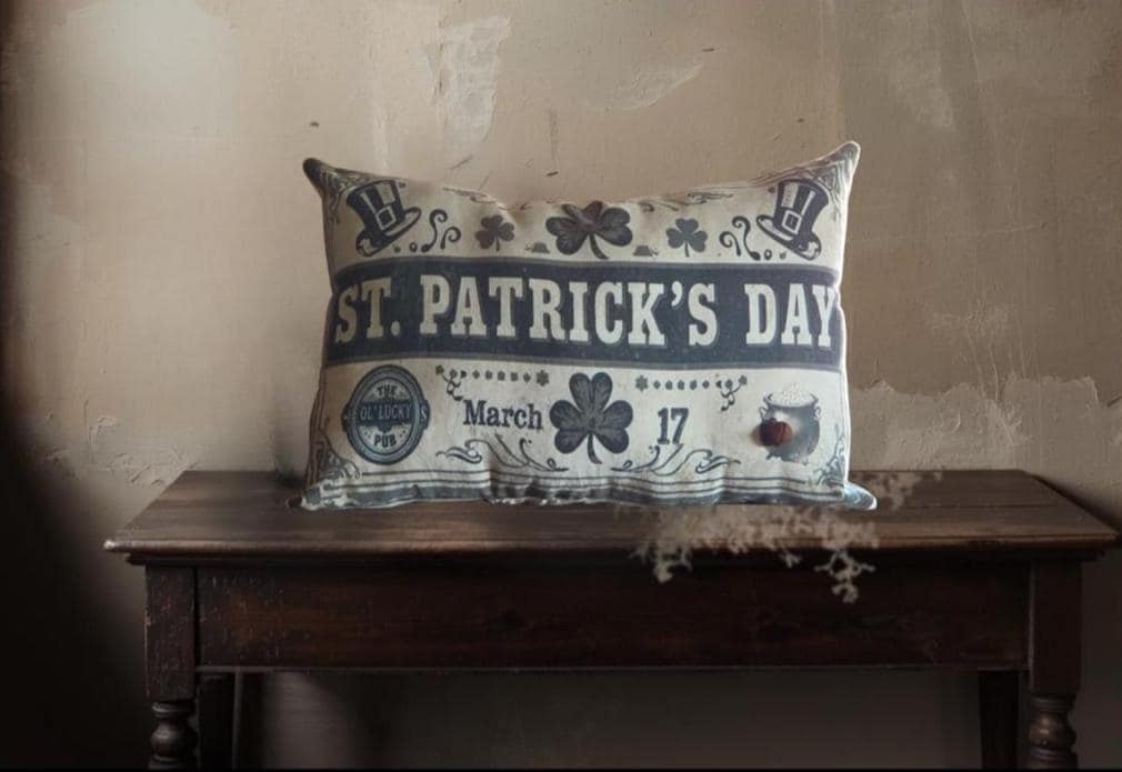 Primitive St. Patrick’s Throw Pillow – Limited Edition Rustic Spring Decor – Irish Farmhouse Accent