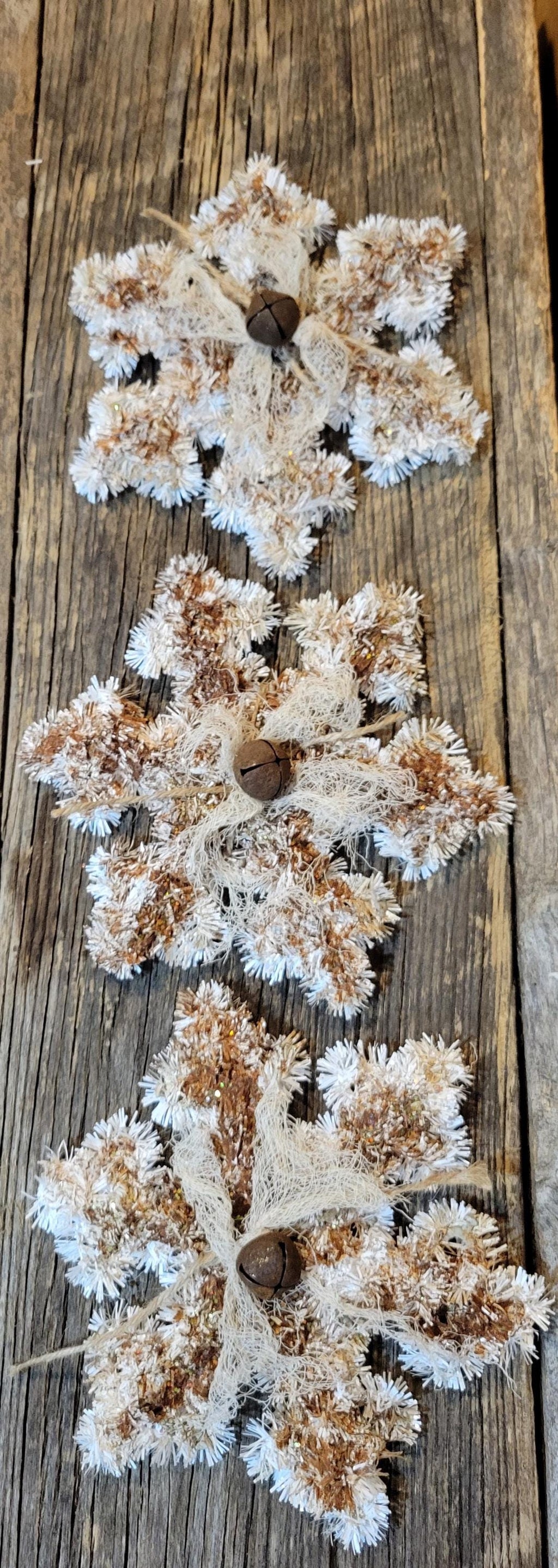 Vintage Inspired Tinsel Snowflake Ornie, Rusty Jingle Bell, Christmas Bowl Filler. Set of 3