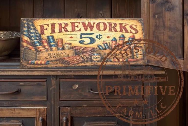 Primitive Fireworks 5 Cents Sign – Rustic Farmhouse Americana Decor – Folk Art Patriotic Sign