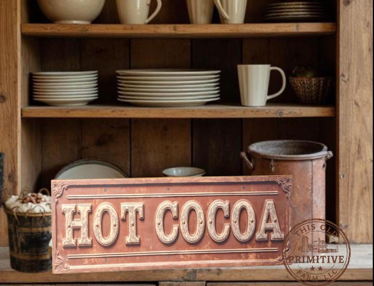 Primitive Hot Cocoa Wood Sign | Vintage Farmhouse Winter Kitchen Decor (13x5)