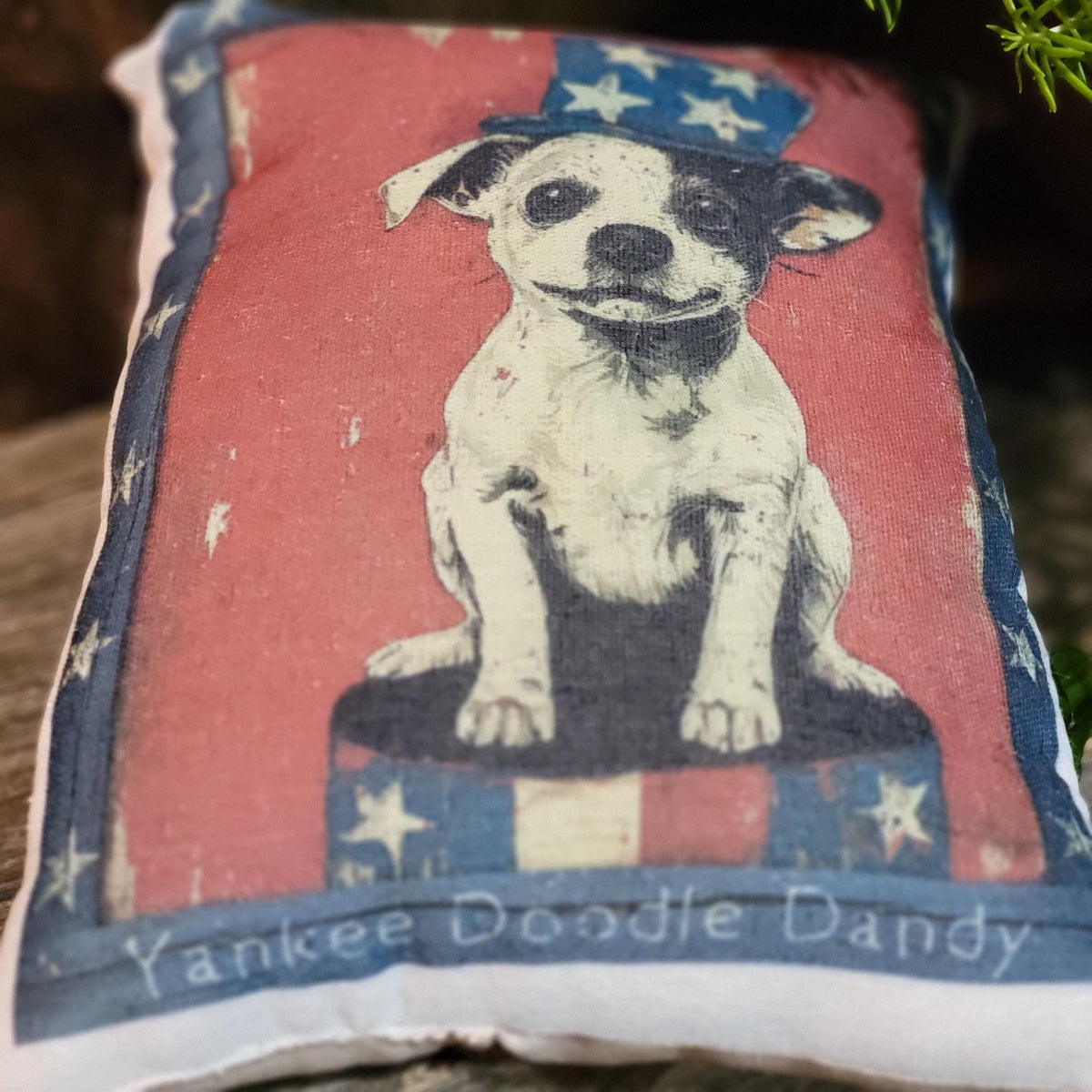 Handmade Uncle Sam Puppy Decorative Pillow: Primitive Farmhouse Americana Folkart (11" x 9")