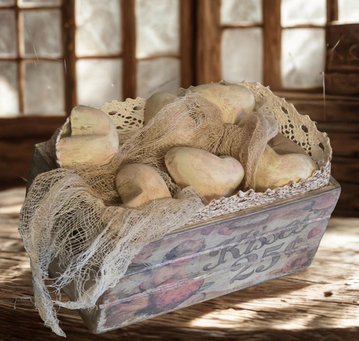 Limited Edition Primitive Valentine Hearts Mini Crate – Handmade Plaster Heart Farmhouse Decor