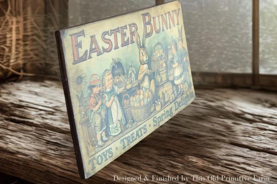 Primitive Easter Bunny Sign – Vintage Spring Folk Art Farmhouse Decor