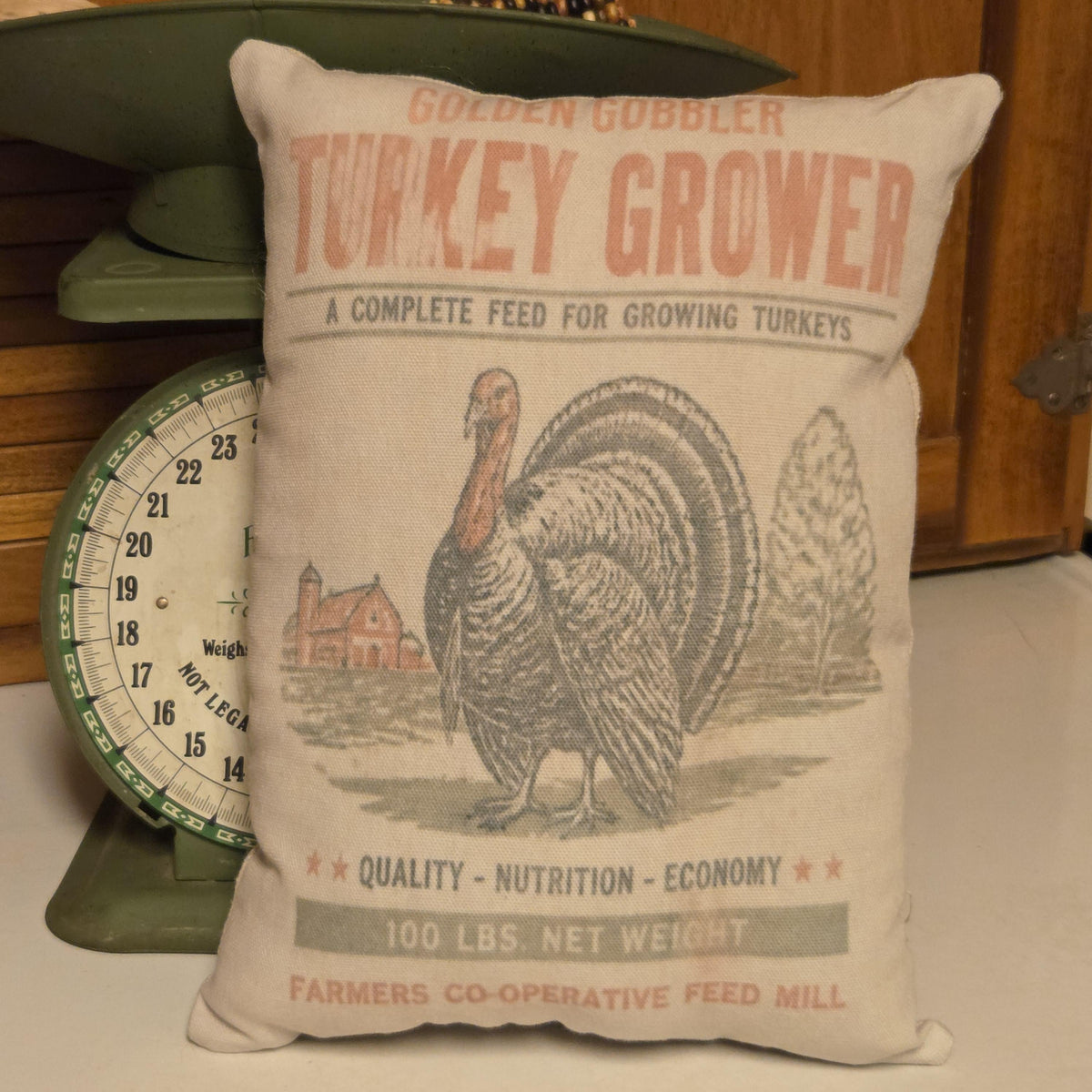 Turkey Grower Pillow, Thanksgiving Feedsack Shelf Sitter, Primitive Farmhouse Fall Decor