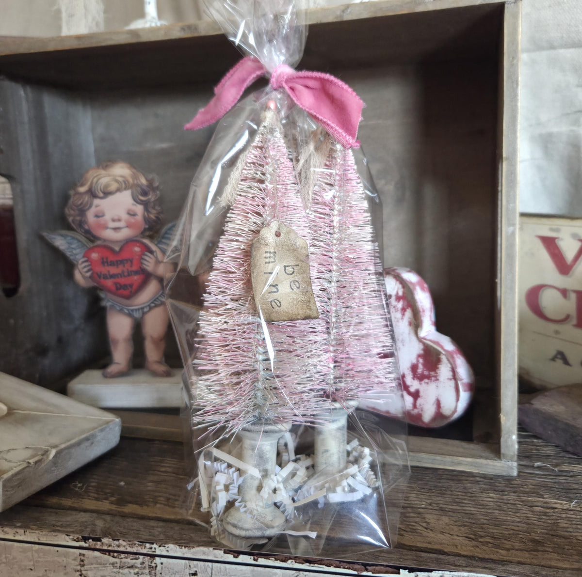 Primitive Valentine Bottle Brush Trees Set | Hand Painted Distressed Farmhouse Decor