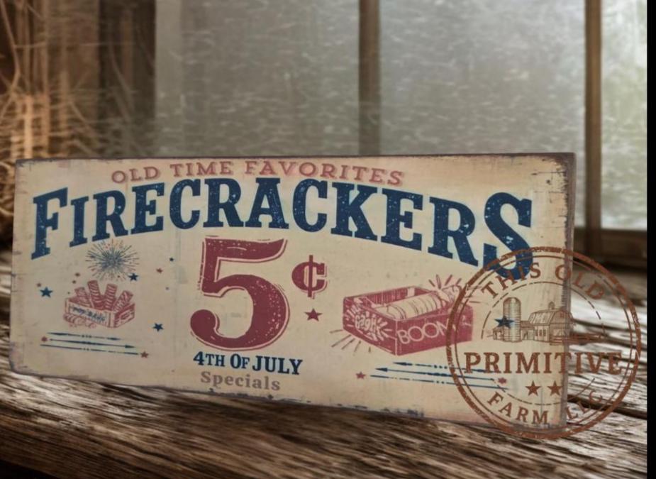 Primitive Firecracker 5 Cents Sign – Rustic Farmhouse Americana Decor – Folk Art Patriotic Sign