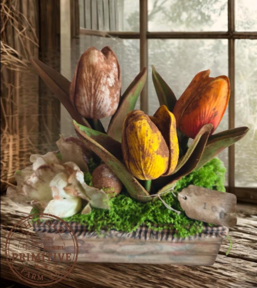 Spring Market Tulip Crate – Mini Primitive Mercantile Shelf Display – Farmhouse Easter Decor