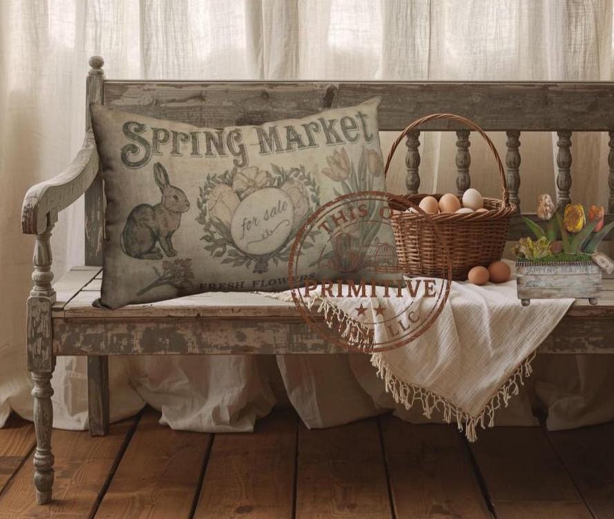Primitive Easter Spring Market Pillow – Farmhouse Spring Decor – Vintage Bunny Accent 12x17