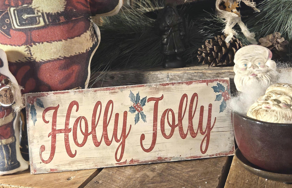 Handmade Holly Jolly Christmas Sign | Rustic Farmhouse Wood Decor (13x5)