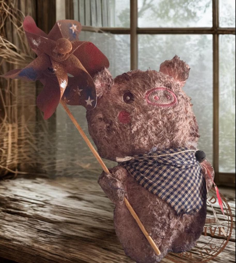 Primitive Farmhouse Pig Shelf Sitter | Patriotic 4th of July Parade Decor