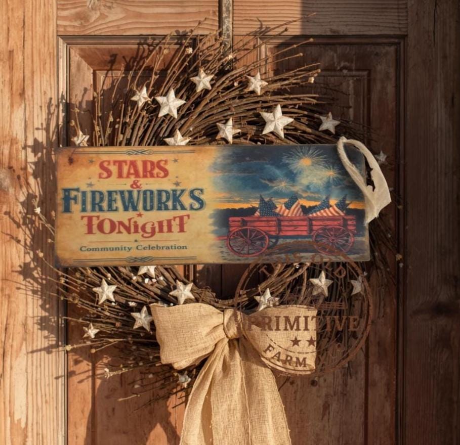 Primitive Stars and Fireworks Tonight Sign – Rustic Farmhouse Americana Decor – Folk Art Patriotic Sign