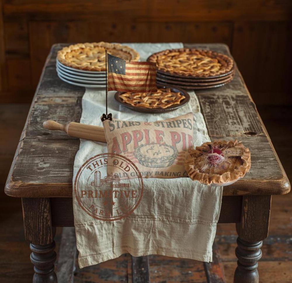 Primitive Apple Pie and Tuck Pillow | Americana Farmhouse Decor | Rustic Patriotic Kitchen Decor | Faux mini apple Pie | Stars and Stripes