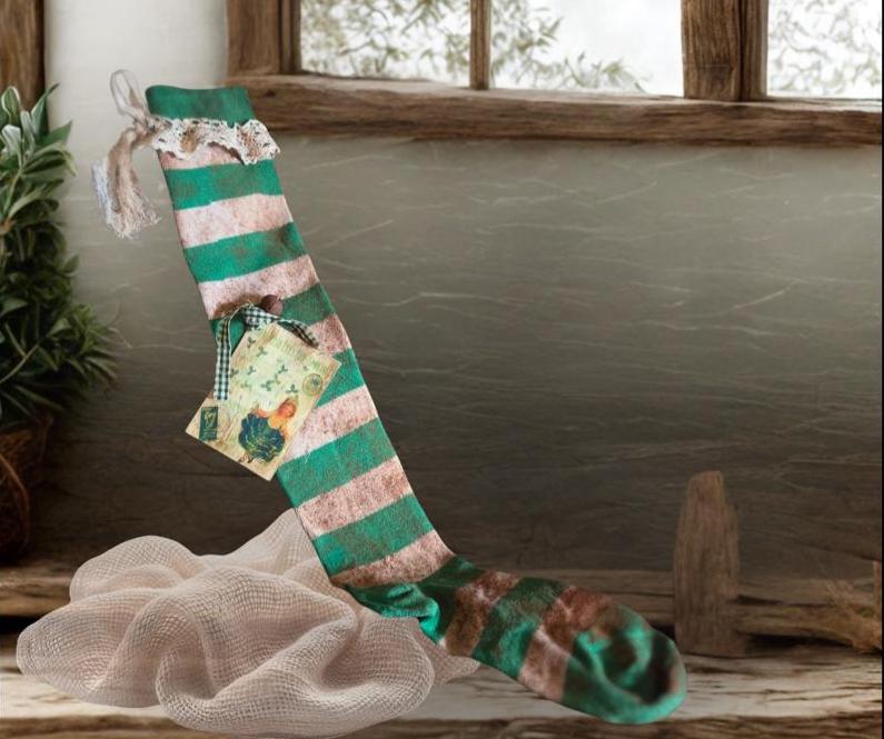 Primitive St. Patrick's Day Stocking | Cinnamon Grunged Green Stripe Sock | Rustic Decor