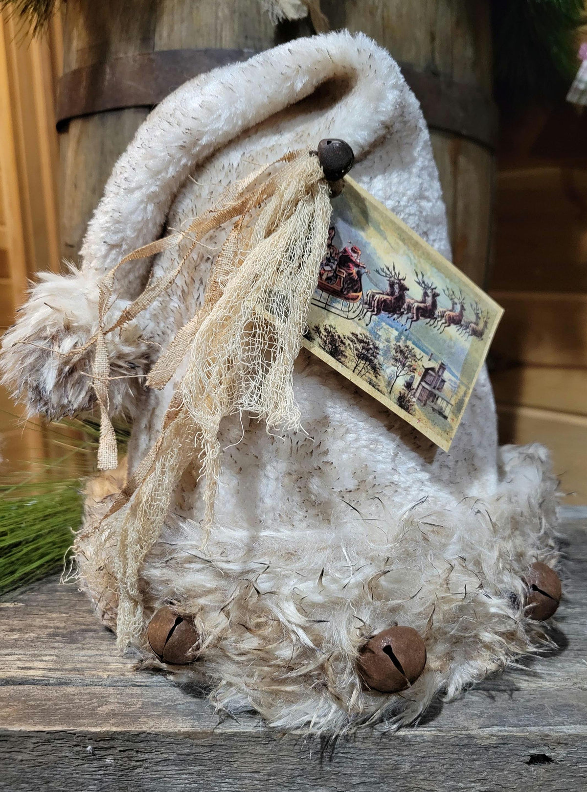 Premium Limited Edition Primitive Rustic Santa Hat Shelf Sitter | Handcrafted Cream Plush hat with Rusty Jingle Bells