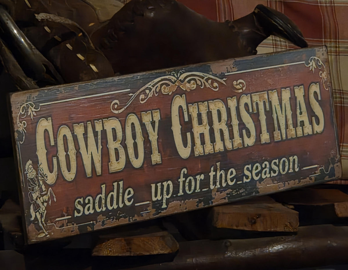 Handmade Cowboy Christmas Wood Sign | Rustic Western Holiday Decor (13x5)