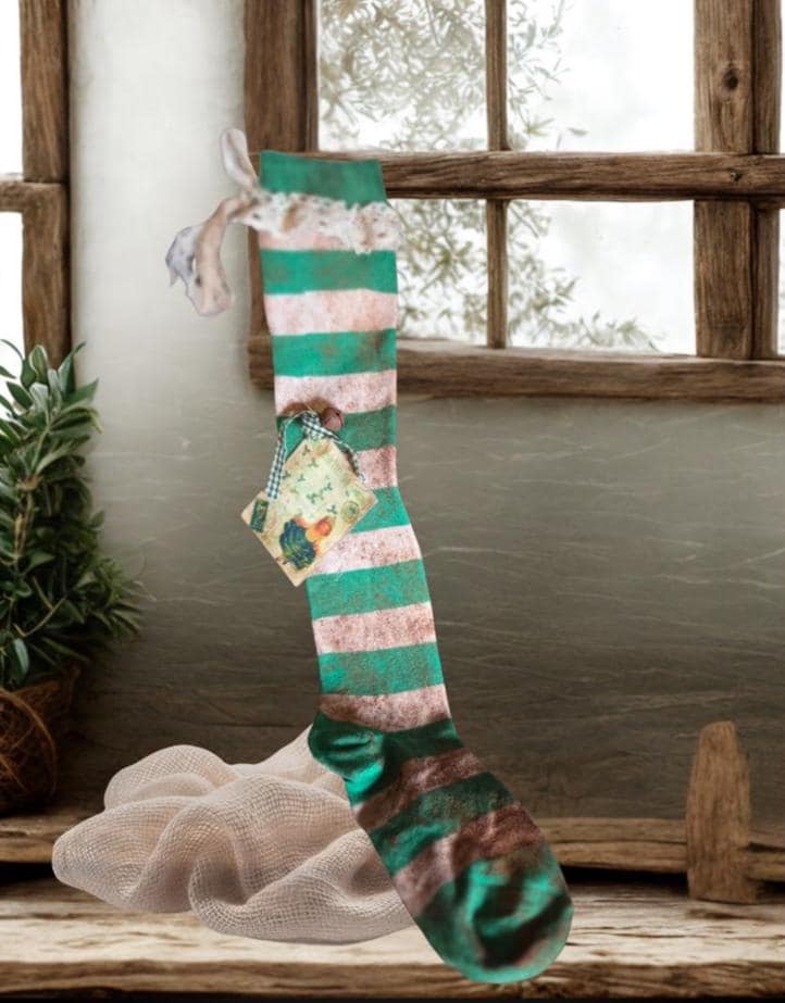 Primitive St. Patrick's Day Stocking | Cinnamon Grunged Green Stripe Sock | Rustic Decor