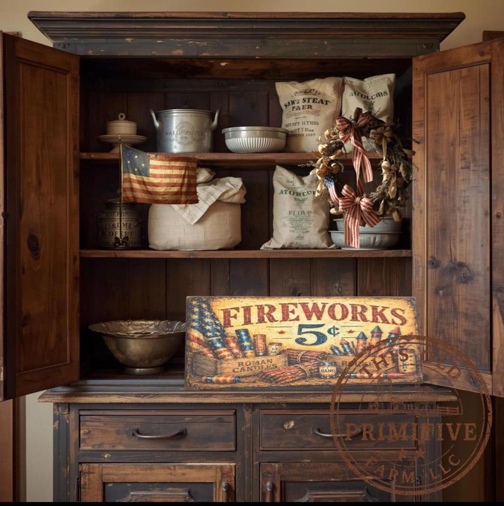 Primitive Fireworks 5 Cents Sign – Rustic Farmhouse Americana Decor – Folk Art Patriotic Sign
