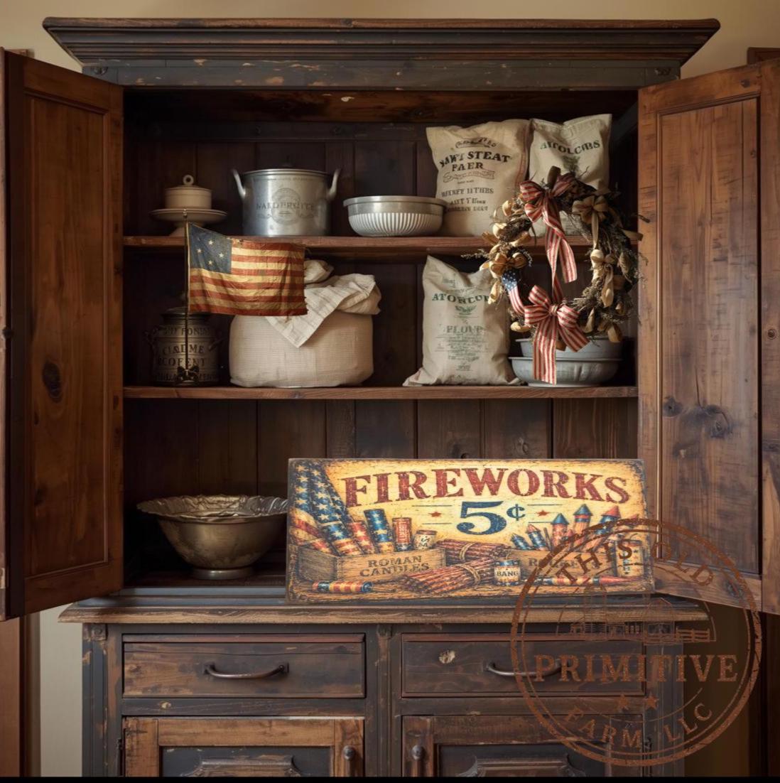 Primitive Fireworks 5 Cents Sign – Rustic Farmhouse Americana Decor – Folk Art Patriotic Sign