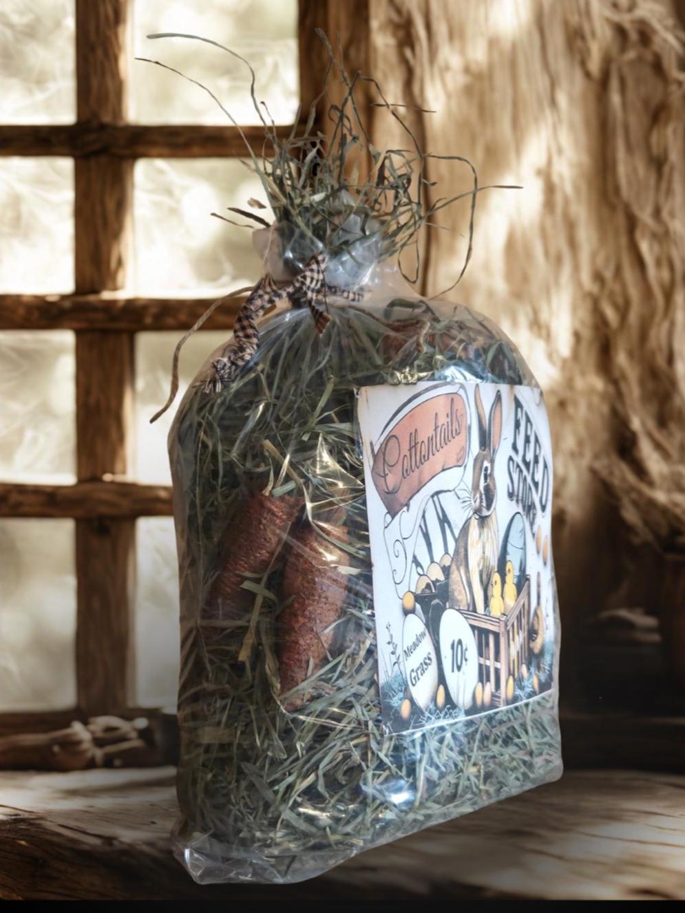 Primitive Cottontails Farm Feed Store Meadow Grass Sack – Basket Filler with Grunged Carrots